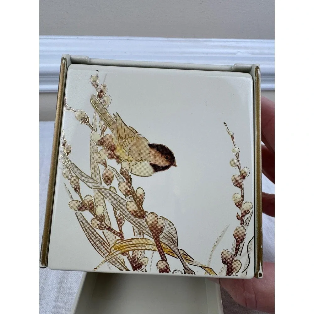 Vintage Otagiri Lacquerware Asian Bird Jewelry Box 3 Drawer‎ Mirror Cream Mini
